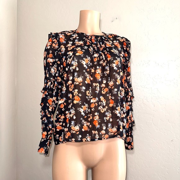 Lucky Brand Tops - Lucky Brand Women's sz M Black Floral Sheer Chiffon Ruffle Blouse Long Sleeve